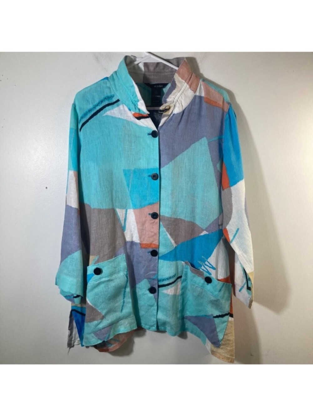 Ali Miles Abstract Geometric Button-Down Top in Turquoise, Aqua, Coral & Gray